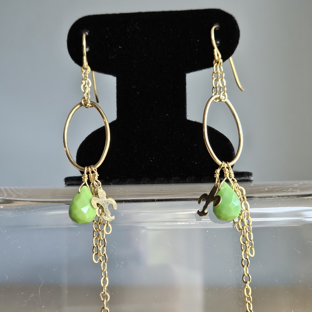 Boho Tassle Earrings Gold Tone Green 3inch Long